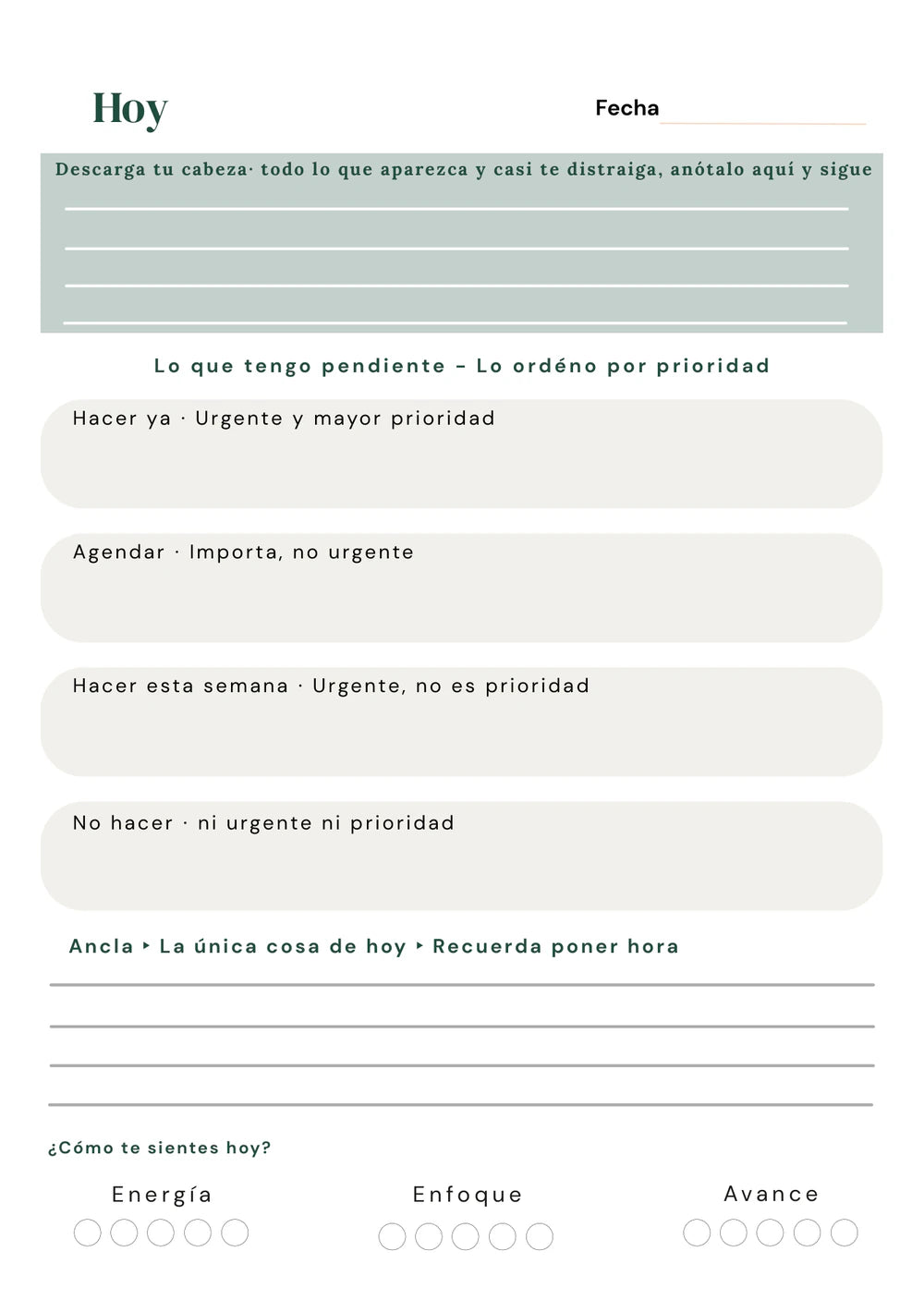 La página Hoy del cuaderno rumbo, tal como viene impresa.