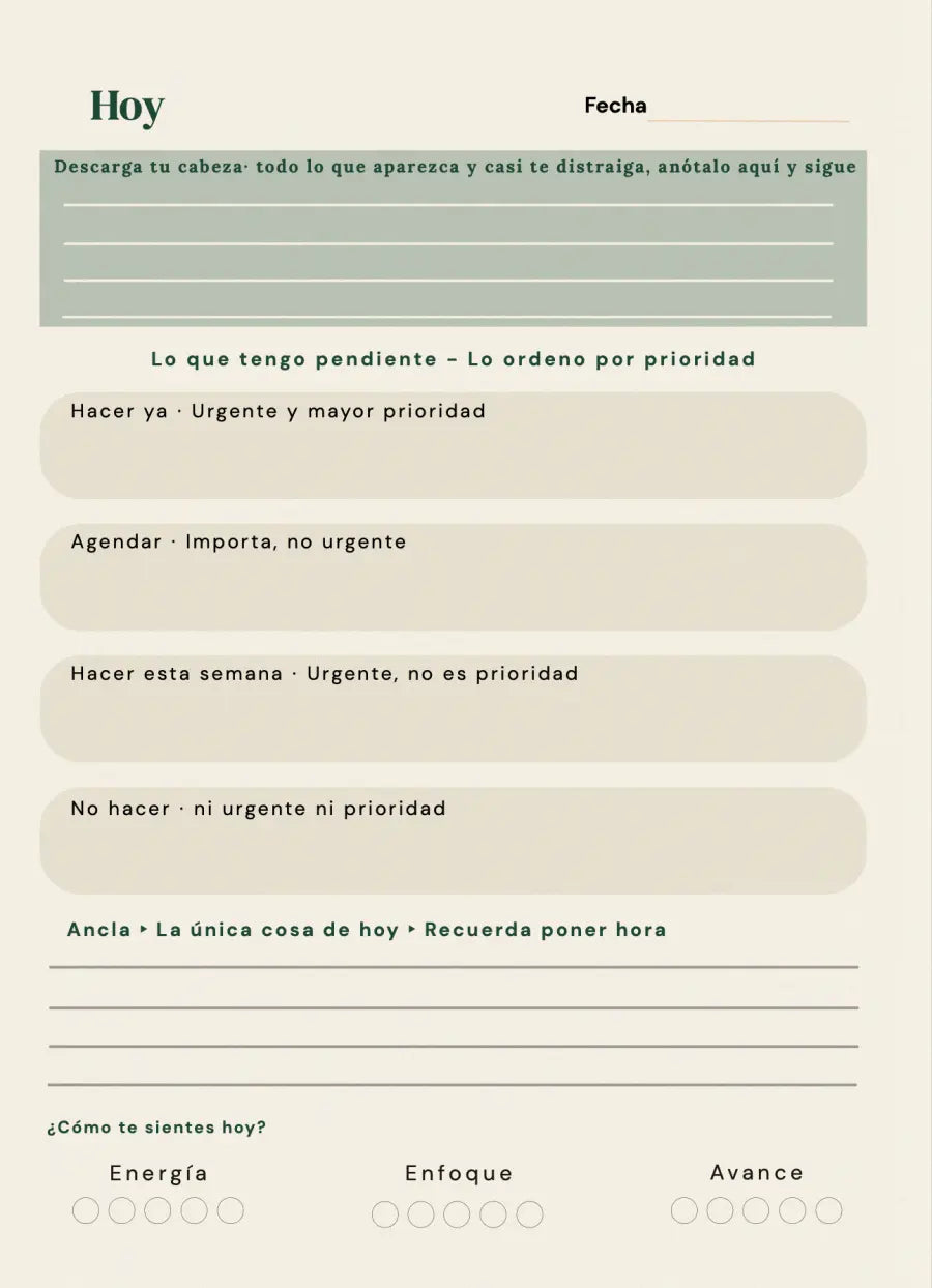 Página Hoy del cuaderno rumbo, con la fecha en blanco: la descarga de la cabeza, las cuatro casillas de prioridad y el ancla del día