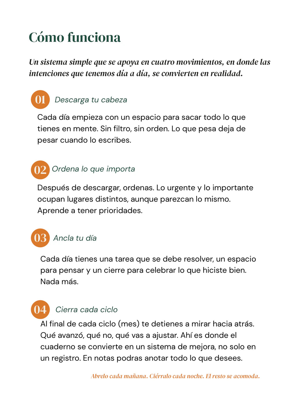 La página Cómo funciona, con los cuatro movimientos numerados.