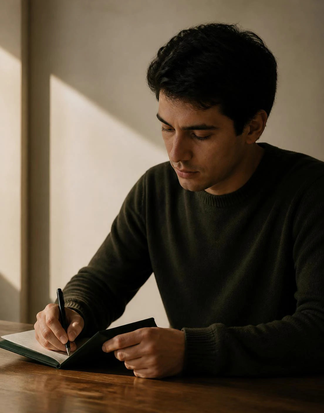 Joseph Ceballos escribiendo en un cuaderno rumbo junto a una ventana.