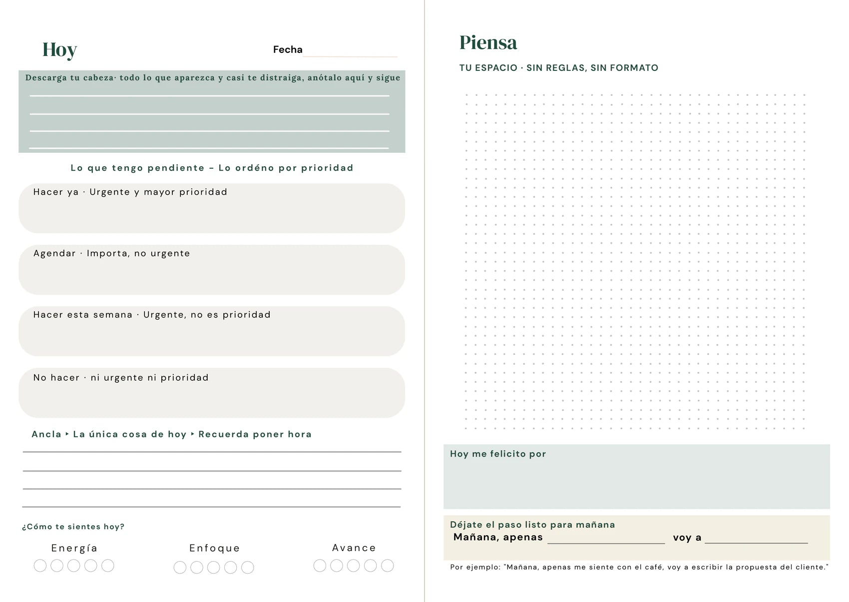 Las páginas Hoy y Piensa del cuaderno rumbo, tal como vienen impresas.