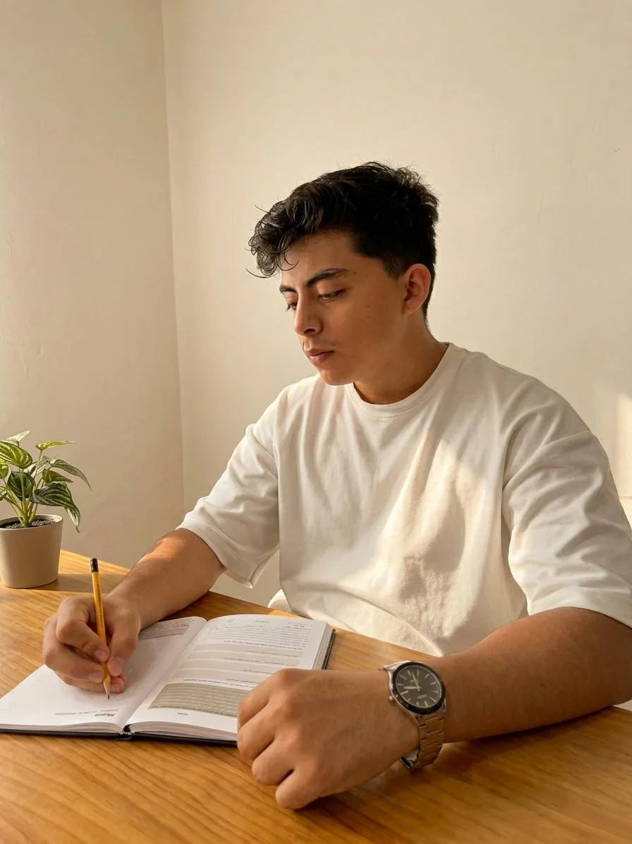 Joseph Ceballos, fundador de rumbo, escribe con lápiz en su cuaderno rumbo sobre una mesa de madera, con luz de ventana